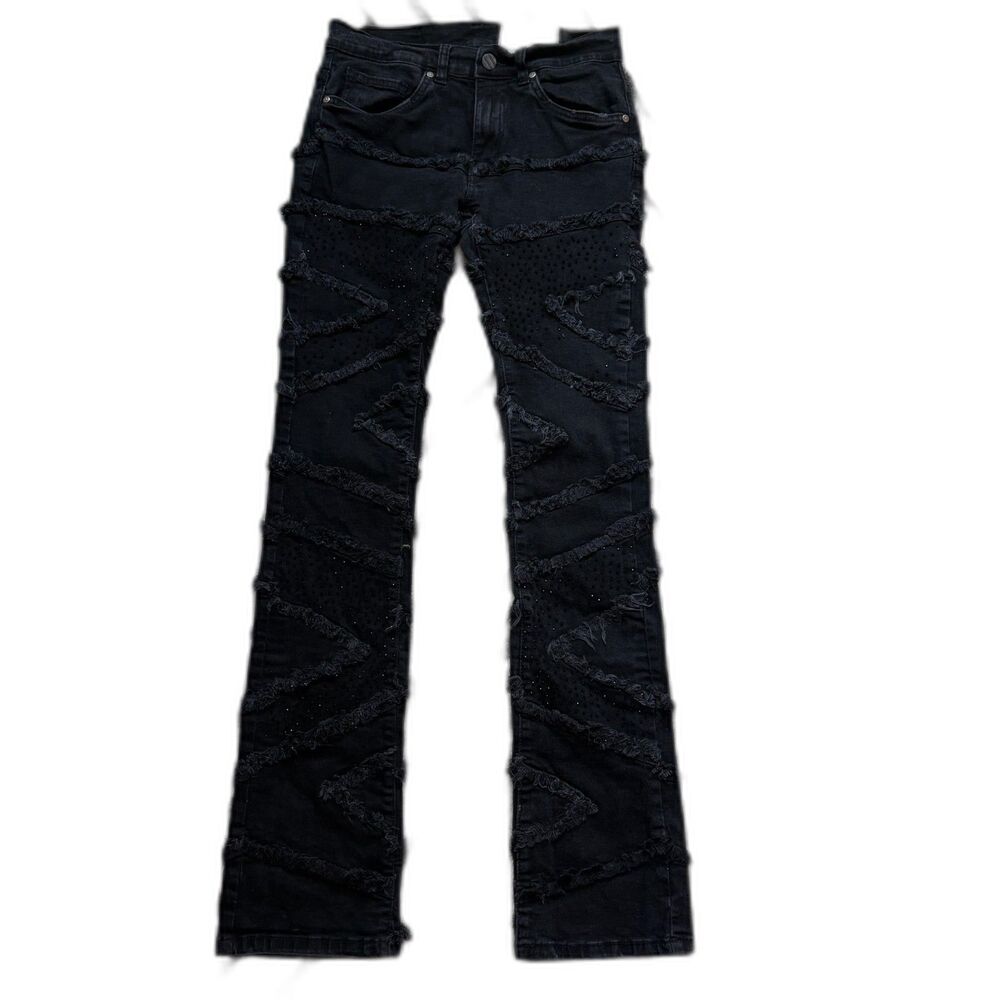 FWRD Rhinestone Stacked Denim Jeans Faded Black Distressed Slash Streetwear 29